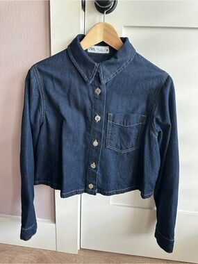Zara Indigo Denim Cropped Button Jacket